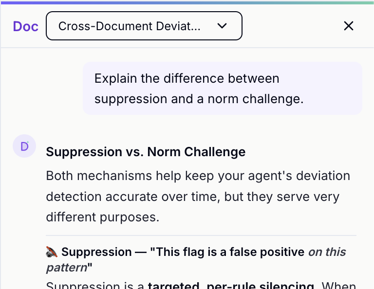 Doc AI assistant panel showing a tool-using conversation